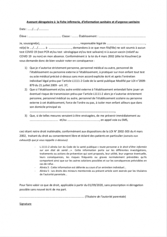 Avenant dérogatoire à la fiche d’infirmerie, d’information sanitaire et d’urgence sanitaire, Châteaubourg, Julie Allemand